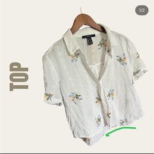 Forever 21 Eyelet Floral Embroidered White Blouse Button Up